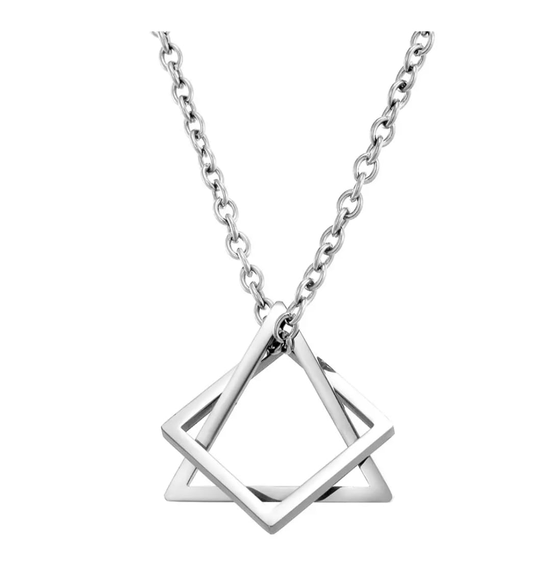 Stylish Silver Color Stainless Steel Funky Geometric Interlocking Triangle Square Design Hip Hop Locket Pendant Necklace With Chain (Silver)-image-10