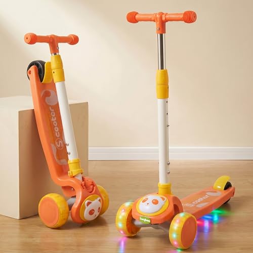 Image of Baybee Bambo Skate Scooter for Kids | 3 Wheel Kick Scooter with LED Wheels & Deck Lights with Music | 3 Height Adjustable Handle & Brake | Foldable Scooter for Kids 3 to 8 Years Boys & Girls (Orange)