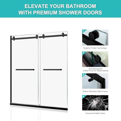 MoSweet Milano Framed Shower Door, 50-54 in.W x 74 in.H Double Sliding Shower Door 5/16"(8mm) Clear Tempered Glass, 18 inch Pull Handle, Stainless Steel Hardware, Matte Black Finished