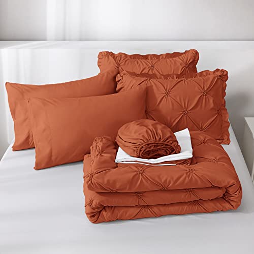JOLLYVOGUE Queen Comforter Set 7 Pieces, Burnt Orange Bed in a Bag Comforter Set for Bedroom, Bedding Comforter Sets with Comforter, Sheets,Ruffled Shams & Pillowcases