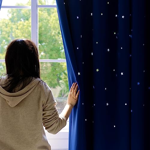 Anjee Cutout Stars Curtains for Kids Room 2 Panels Romantic Sparkle Starry Sky Space Theme Light-Filtering 84 inches Length Blackout Windows Curtains, Royal Blue - Thumbnail 6