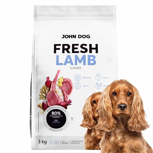 JOHN DOG Premium Trockenfutter für Hunde Fresh - Hundefutter trocken getreidefrei mit 80% Fleischanteil - Hundetrockenfutter mit Lamm - aus natürlichen Zutaten - für ausgewachsene Hunde 3kg