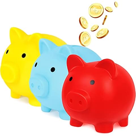 JiaUfmi 3 Pcs Cute Piggy Bank Plastic Pig Money Bank Adults Piggy Bank Pig Money Box Coin Bank Plastic Saving Coin Box for Boys Girls Kids (Small) (Red, Blue, Yellow) Cover