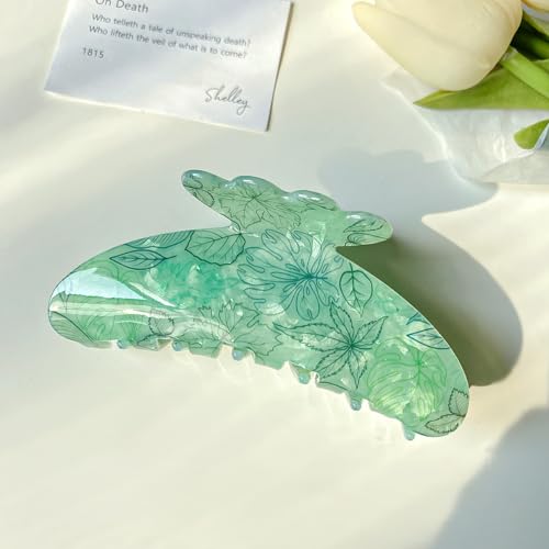 4.3" Leaf Pattern Print Large Vintage Hair Claw Clip Non-Slip Shell French Style Hair Accessories for Women Girls Thick Hair, Leaf Green