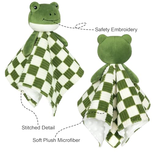 Image of Baby Lovey Blanket for Boys Girls Super Soft Checkerboard Gingham with Minky Dot Fabric Backing Frog Stuffed Animal Lovely Snuggle Toy Green 14 Inch