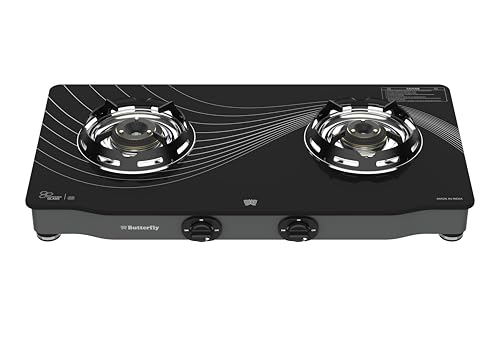 Butterfly Renz 2 Open Burner 3 Star Glass Top Gas Stove | Fan Shield | Leak Proof European Valve |...