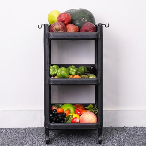 Image of ADA Plastic Premium Multipurpose Storage Rack Organizer with Wheels & Hooks for Living Room,Office,Bedroom,Bathroom,Kids Room Modern Onion Potato Rack for Kitchen Trolley Cart Stand (Black-3 Layer)
