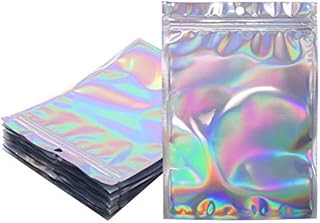 100pcs Holographic Foil Bags Sealable ZipLock 14 x 19.8 cm, Resealable Mylar Sample Pouch Gift Baggies for Candy Snack Jewelry Lash Lip Gloss