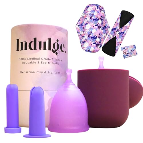 Indulge-Menstrual-Cup-with-Reusable-Cup-Applicator-Period-Cup-with-Sterilising-Cup-Reusable-Pads-with-100-Silicone-Cup-for-Women-Heavy-Flow-Lube-12-Hours-Wear--Medium-Pack-of-1-Purple