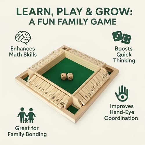 Image of Shut The Box Board Game - Wooden Dice Game for 4 Players | Family Indoor Game for Kids | Educational Math Learning Toy | 23 x 23 cm