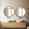 ULIKE Round Wood Mirror 24 Inch Circle Wall Mirror, Asymmetrical Bathroom Vanity Mirror with Wood Frame, Decorative Wall Mounted Mirror for Bedroom, Living Room, Entryway, Rustic Brown
