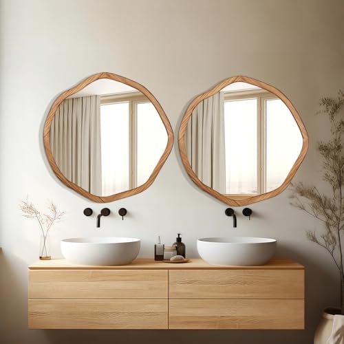 Ulike LGJZ1001-HS-24 Round Wood Mirror 24 Inch Circle Wall Mirror, Asymmetrical Bathroom Vanity Mirror With Wood Frame, Decorative Wall Mounted Mirror thumb #3