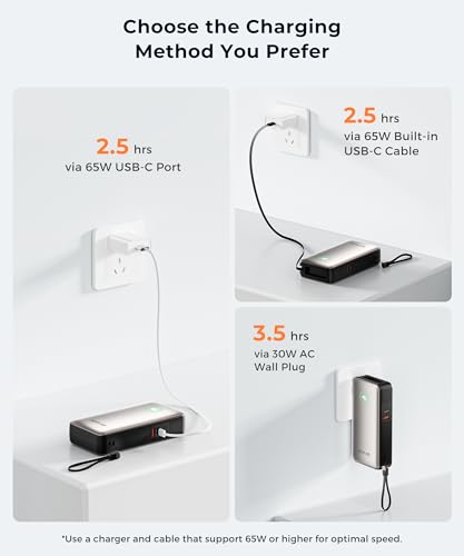 Image of Portable Charger Power Bank - Laptop Battery Pack 65W AC Plug GaN 25000mAh Built in Cable USB C Phone Fast Charging Compatible with iPhone 16 15 14 13 12 11 X iPad MacBook Samsung (Gold)