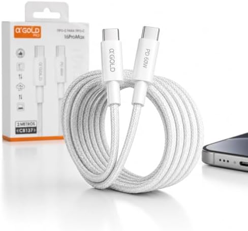 Cabo Tipo-C para Tipo-C 2 Metros 60W Turbo PD Nylon Trançado Refo...