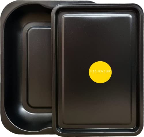 2-Pack Black Roasting and Baking Tray Set – Medium Roaster (33cm) & Small Tray (32cm) – Non-Stick, Multi-Pack Oven Trays – Heat Resistant, Dishwasher Safe by KITCHENEUR®