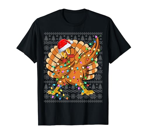 Dabbing Turkey Santa Hat Christmas Tree Lights Turkey Xmas Maglietta