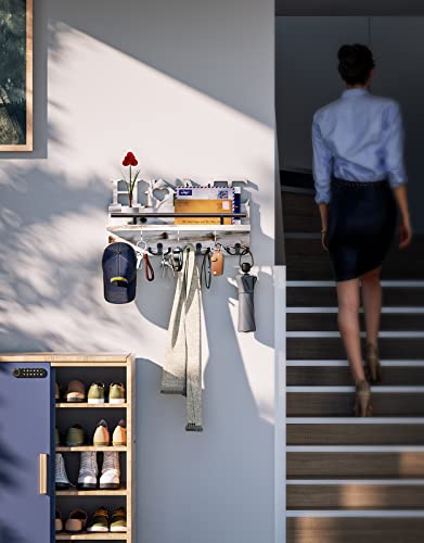 SWTYMIKI Schlüsselbrett - Schlüsselhalter für die Wand mit Heim dekoration, Wandregal Holz für Schlüsselbrett Organizer mit 7 Schlüsselhaken, Rustic Wandorganizer mit Ablage,Weiß