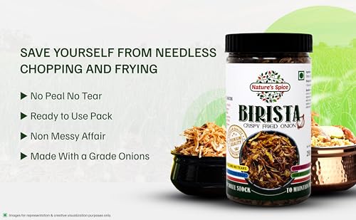 Image of Nature's Spice Birista Fresh Crispy Fried Onion - Pack of 2 (250g Each) Golden Pyaz Used for Biryani, Noodles, Gravies & Indian Curries | Healthy & Tasty Snack | Good Source of Dietary Fiber.