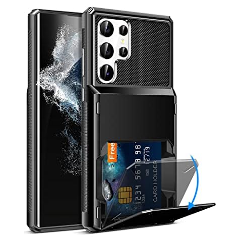 Samsung S22 Ultra Case, Galaxy S22 Ultra Pocket Case for 4 Credit Cards Shockproof, Double Layer Hard Case for Samsung S22 Ultra Black Cover