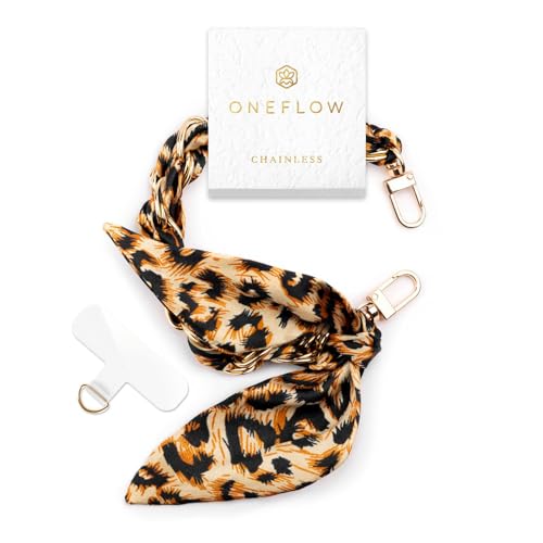 ONEFLOW Handyanhänger fürs Handgelenk Universal Handykette kurz Handschlaufe Scarf Handyband für Hüllen abnehmbar Anhänger Kette mit Karabiner für alle Handys Chainless Silk Liaison Leopard Luxe