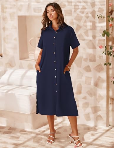Image of Zeagoo Women Dresses Summer Casual Short Sleeve Button Down Shirt Dresses 2026 Beach Cover Up with Pockets