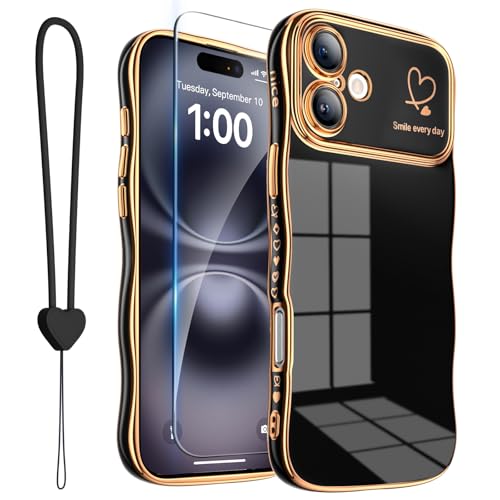 ROYBENS Wave Case for iPhone 16 Plus, Screen Protector Wrist Strap, Black