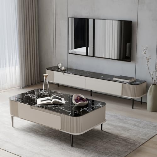 Image of DecorNation Valencia Faux Marble Coffee Table Champagne Cream | Elegant Center Table with Two Drawer Storage | PVD Coated Legs | Premium Living Room & Lounge Furniture for Home Decor Lovers