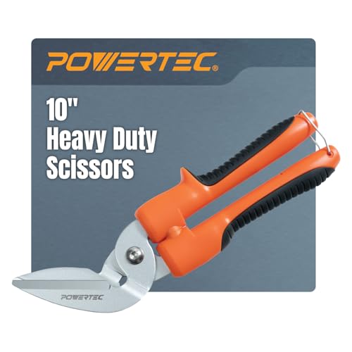 POWERTEC 10" Heavy Duty Scissors – Long-Blade Cutter with Curved Serrated Edge, Multipurpose Industrial Shears for Carpet, Cardboard, Leather, Upholstery, Fabric, Gardening & DIY (72396)