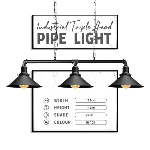 Image of DC Voltage Retro Style Pewter, Black Steampunk Metal 3 Way Bar Over Table Water Pipe Style Ceiling Light Fitting Vintage Industrial Suspended Pendant Lamp for Living Room