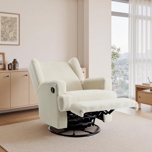 Image of Swivel Rocker Recliner Chair, 360 Swivel Wingback Recliner Chairs for Adults, Upholstered Boucle Fabric Glider Rocking Chair with High Back, Deep Seat for Living Romm Bedroom, Cream