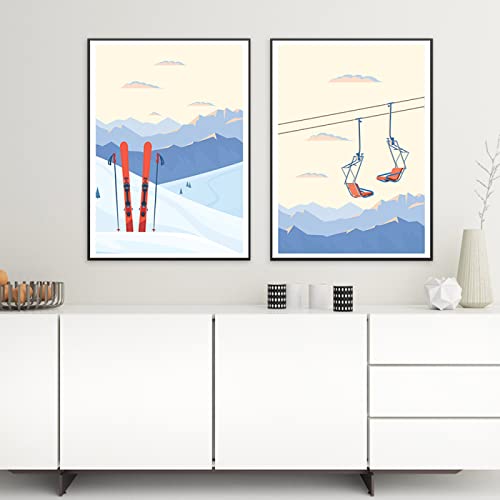 iYoucase Vintage Ski Lift Poster Stampa Sci Inverno Montagna Paesaggio Wall Art Canvas Painting Snowy Quadro For Living Room Wall Decorazioni 40x60cmx2 Senza Cornice