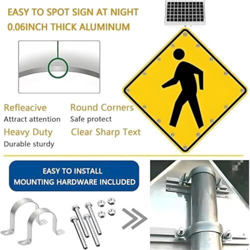 Semáforo LED, señal de Cruce peatonal LED con energía Solar - Señal de tráfico Reflectante de 81 x 81 cm con Marco de Metal Resistente a la oxidación para Mayor Visibilidad y Seguridad.