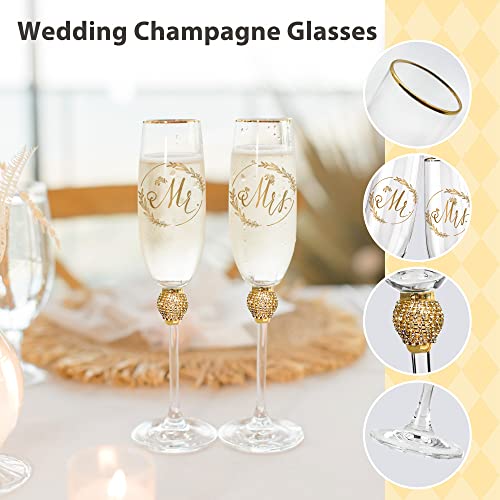 Tom Boy Wedding Champagne Flutes, Mr And Mrs Champagne Glasses With Gold Rim Rhinestone Studded Engraved, His And Hers Toast Flutes Set, Engagement Gifts, Wedding Gifts For Couples #TOP1