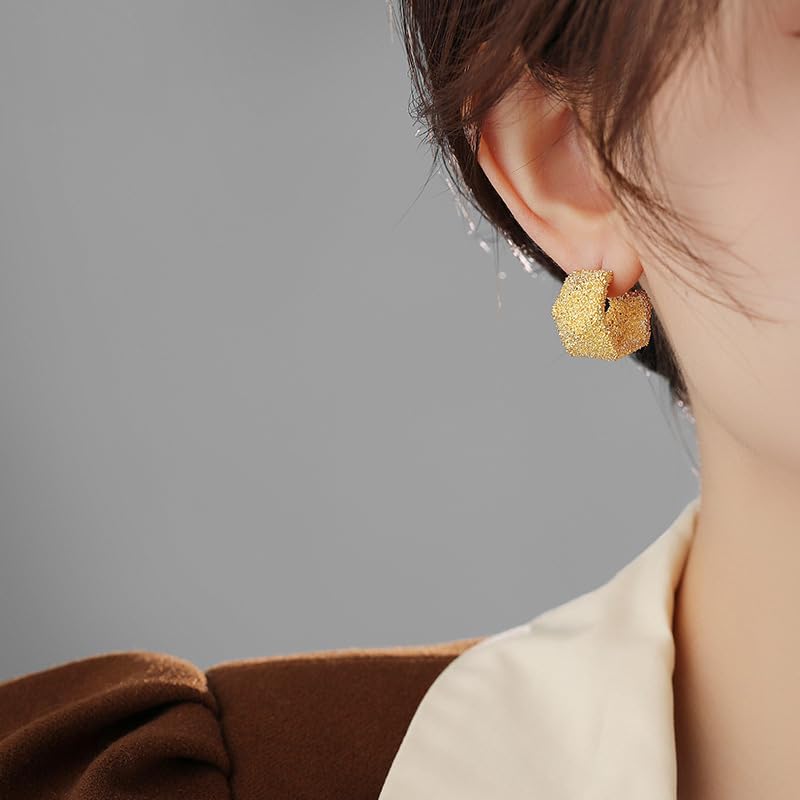 Eioi & Lmnm Women's Gold Matte Textured Geometric Half Hoop Earrings, Chunky Gold Statement Earrings, C Shaped Geometrical Gold Stud Earrings, 925 Sterling Silver Posts Hypoallergenic Gold Half Hoop Earrings, Trendy Jewelry Gift for Her - Image 5