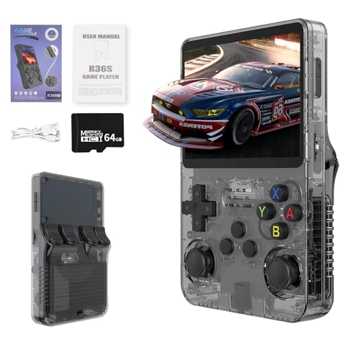 Weciau R36S Retro Handheld Game Console with Open Source Linux System, 3.5 Inch HD Screen, 64G TF Card, 20000+ Classic Games, Portable Retro Games Console for Adults Kids Gifts (Black)