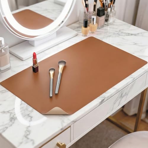 Image of LovePads Makeup Mat for Vanity, 14 x 24 Dual-Sided Desk Pad & Vanity Cover Top, Waterproof PVC Protector Mat for Dresser, Nail Art, Craft Table (Brown+Beige)
