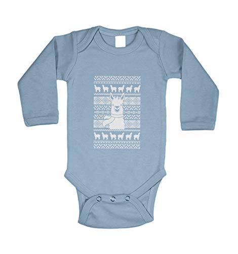 Haase Unlimited LLama Ugly Christmas Sweater Pattern - Long Sleeve Bodysuit (Light Blue, 6 Months)