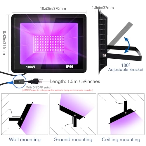 SWORDFORCE 100W LED Black Light,Blacklight with Plug IP66 Waterproof for Glow Party 385-400nm Purple Flood Lights Outdoor for Bar Body Painting Halloween Dance Stage Lighting by SWORDFORCE - Image 2