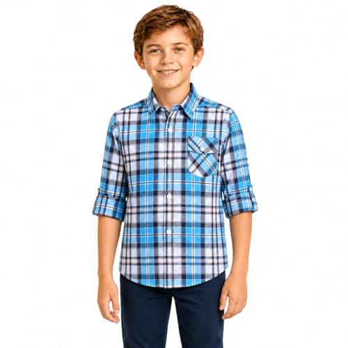 Image of Bienzoe Boys Buttton Up Shirt: Kids Plaid Roll Up Collared Casual Cotton Shirts 13/14 Navy/Blue