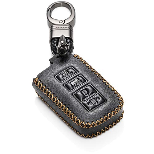 Vitodeco Genuine Leather Keyless Entry Remote Control Smart Key Case Cover with Leather Key Chain for Toyota Corolla, Camry, Avalon, Rav 4, Highlander (4 Buttons, Black)