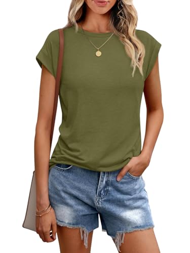 Chicrise Shirts for Women UK Crew Neck Casual Plain Tank Tops Cap Sleeves Basic Solid Color T-Shirt Army Green Means 38-40