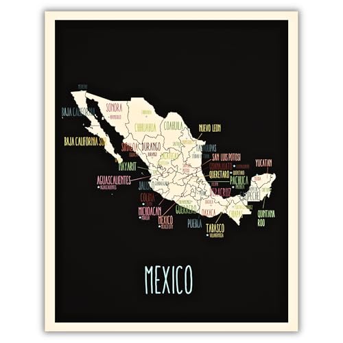 Kindred Sol Collective - Map Of Mexico - Mexico Wall Map Art Poster (11'' x 14'') Black - Map Art of Mexico for Travelers, Children, Wall Decor, Classrooms, Playrooms or Nursery