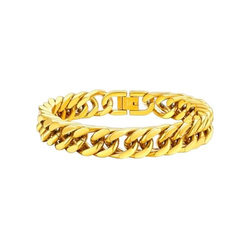 FaithHeart Stainless Steel Cuban Link Bracelet for Men, Gold Plated/Black/Silver Mens Chain Bracelet 8/12/17mm Width, 7.5/8.3/9.1 Inch Length Sturdy Wrist Bracelets Hip Hop Jewelry, with Gif