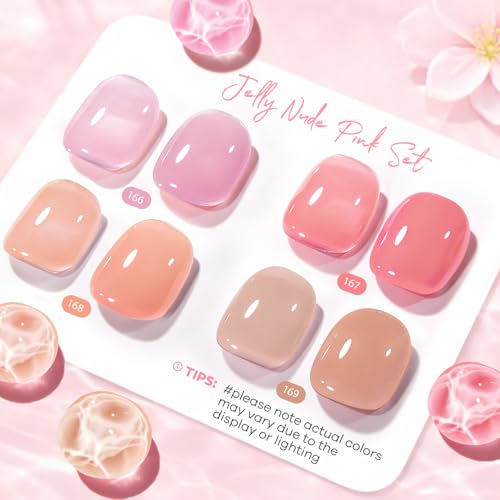 Image of AZUREBEAUTY Jelly Nail Polish Set Quick Dry Transparent Nude Pink Purple Brown 4 Colors Sheer Natural Nail Lacquer Fingernail Kit with Top Coat Nail Polish DIY Salon Home