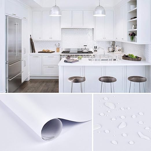 Image of WALLMATE White Matte Wallpaper Peel & Stick Contact Paper Decorative Self Adhesive Wallpaper for Kitchen Cabinet, Furniture Countertop Waterproof Vinyl Wallpaper for Wall. (12x60, White)