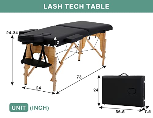 24 In Wide Massage Tables Portable Lash Bed 73 inch Tattoo Table, Height Adjustable Portable Spa Bed, 2 Folding Chiropractic Table w/Carry Case/Face Cradle/Hand Pallet for Travel Physical Therapist