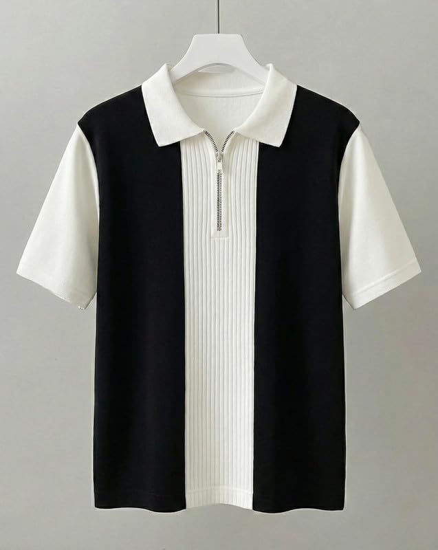 Image of AUSK Men's Textured Vertical Striped Knit Polo T-Shirt | Half Sleeve Zipper Neck Self-Design Casual Tee | Mens Tshirts