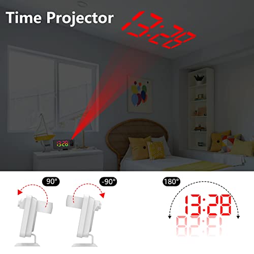 Petilleur Projection Alarm Clock, 180° Projector Alarm Clock On Ceiling, 7.4” Large Mirror Rgb Color Digital Led Display, 5 Level Brightness Dimmer, Dual Alarm Clock For Bedroom Living Room (White) #TOP5