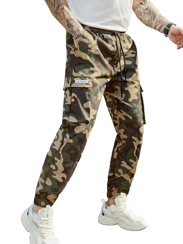 JEMLDL Men's Cargo Pants Casual Elastic Waist Drawstring Joggers Techwear Fabric with Flap Pockets Camo,40,XXL