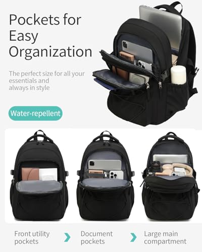 Black Backpack for Teens, Girls School Bookbag Aesthetic 17.3in Laptop Backpack for Commuter Women Students Middle High School, Black3